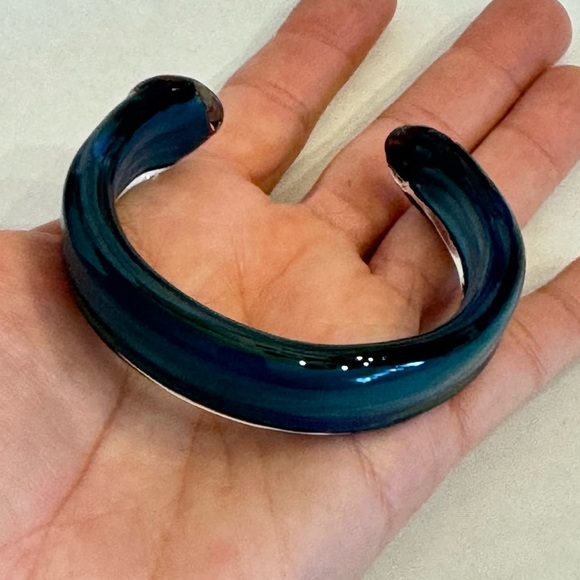 Vintage Hand Blown Art Glass Cuff Bangle Bracelet Aqua Blue Artisan Made - Picture 12 of 14